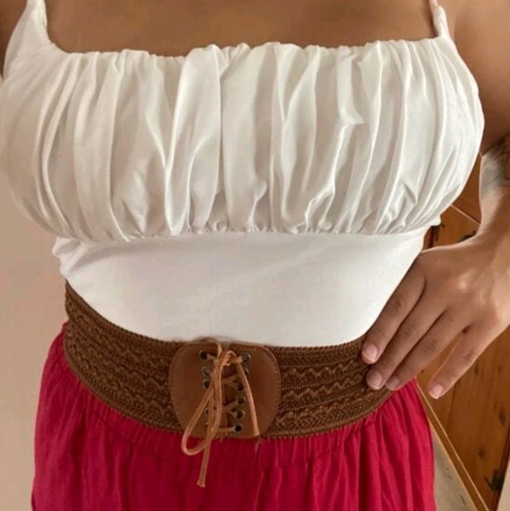 Lace up boho Brown woven corset wide elastic stretch vintage style waist belt - Picture 4 of 14